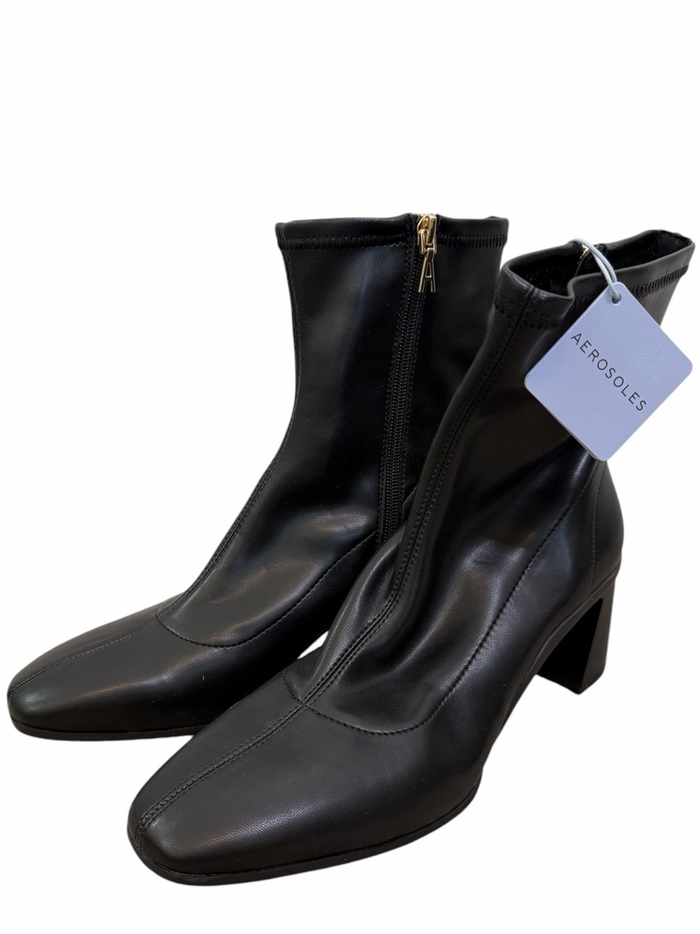 NWT Aerosoles Black Leather Mid-Heel Ankle Boots size 9.5 W